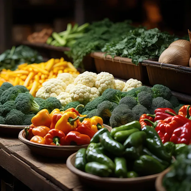Gemüse angerichtet in Körben und einem Regal. Paprika, Zucchini, Blumenkohl